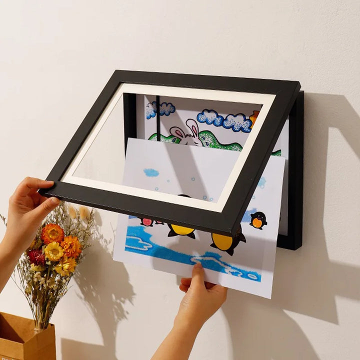 Kids art storage frame for artwork display