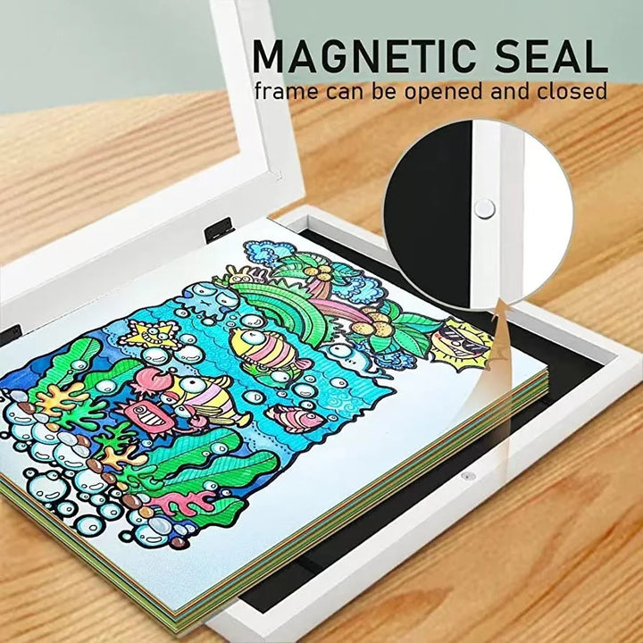 Kids art storage frame for artwork display