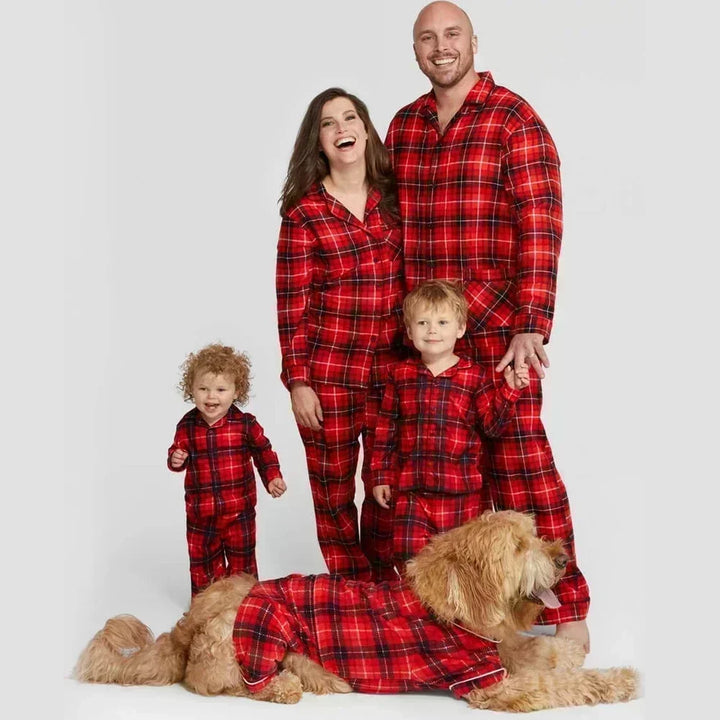 Family matching Christmas pajamas set in plaid pattern