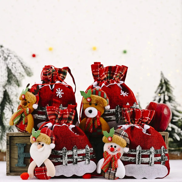 Christmas gift bags featuring Santa, snowman, and reindeer