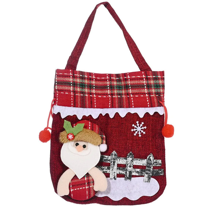 Christmas gift bags featuring Santa, snowman, and reindeer