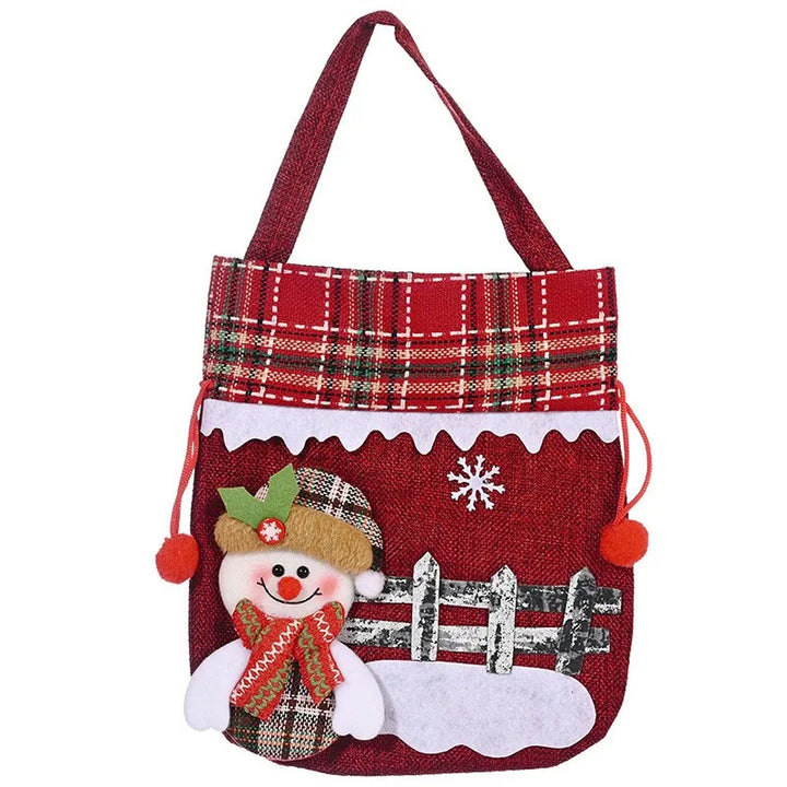 Christmas gift bags featuring Santa, snowman, and reindeer