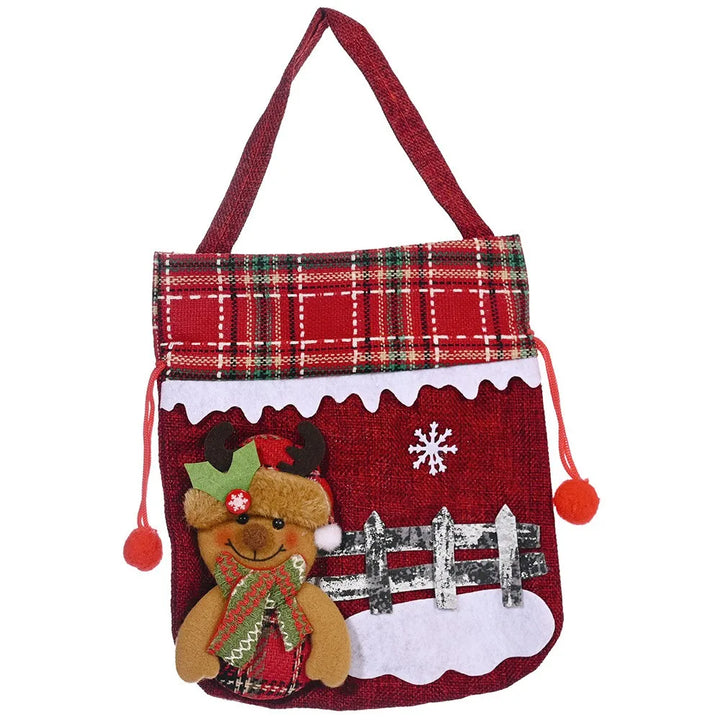 Christmas gift bags featuring Santa, snowman, and reindeer