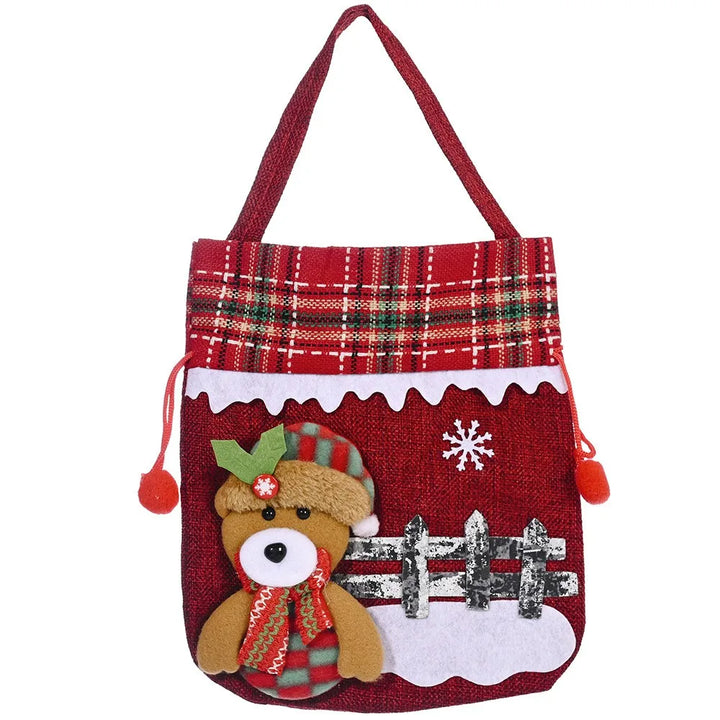 Christmas gift bags featuring Santa, snowman, and reindeer