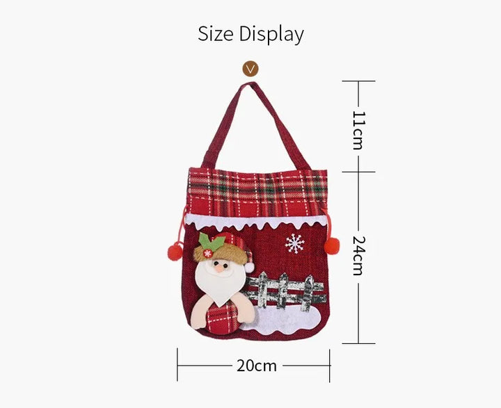 Christmas gift bags featuring Santa, snowman, and reindeer