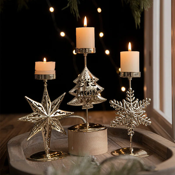 Golden Christmas candlestick with festive designs