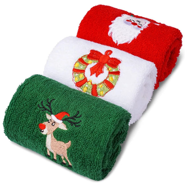 Christmas soft cotton towels in red, green, and white with holiday designs