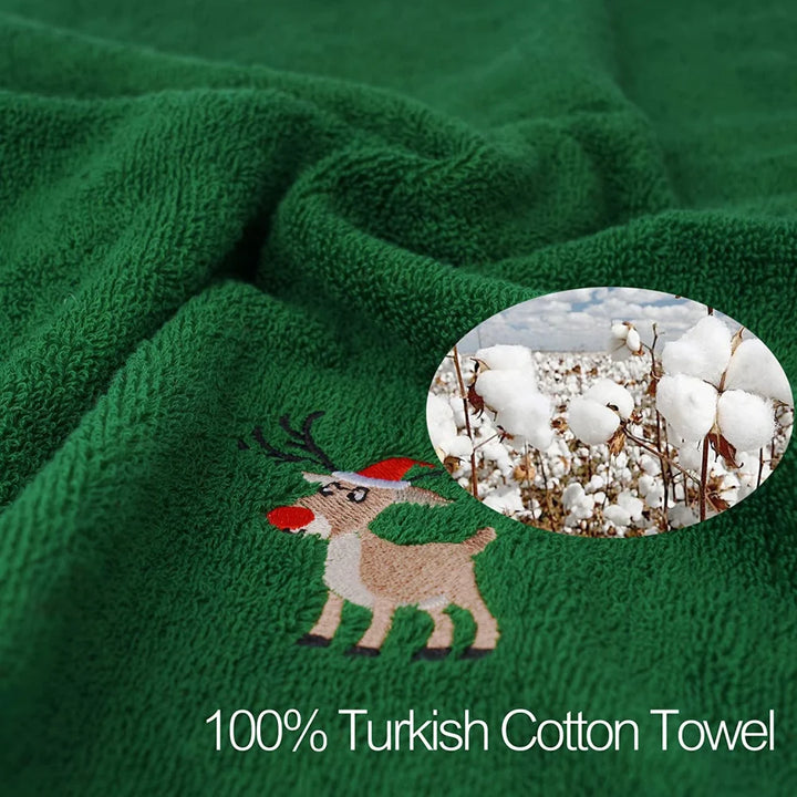 Christmas soft cotton towels in red, green, and white with holiday designs