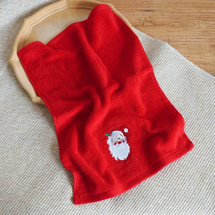 Christmas soft cotton towels in red, green, and white with holiday designs