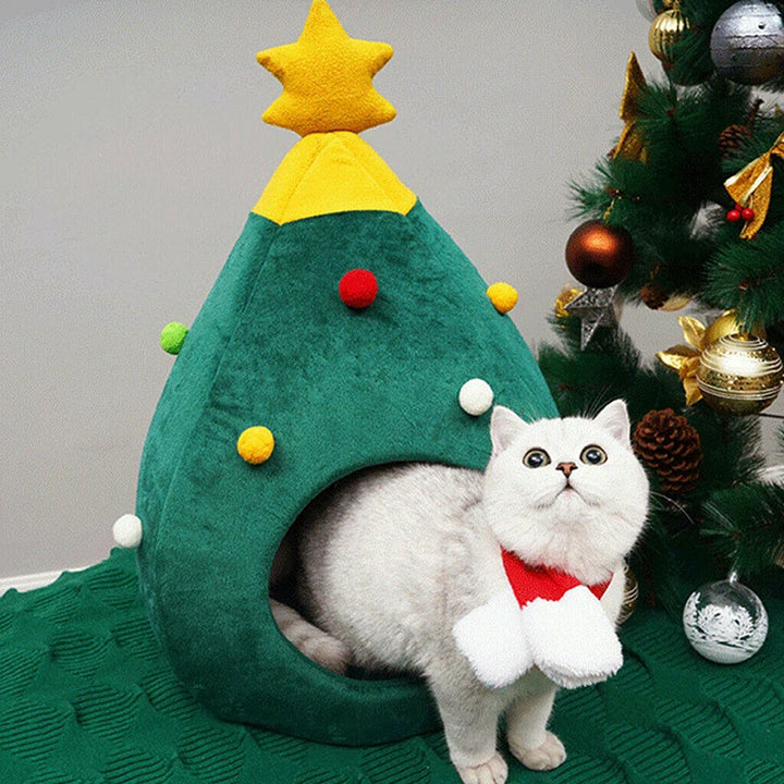 Christmas tree cat bed with cozy hideaway design