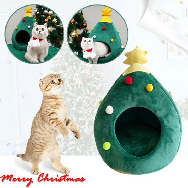 Christmas tree cat bed with cozy hideaway design