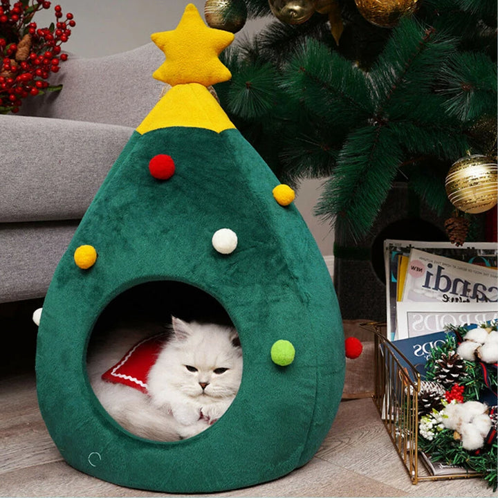 Christmas tree cat bed with cozy hideaway design