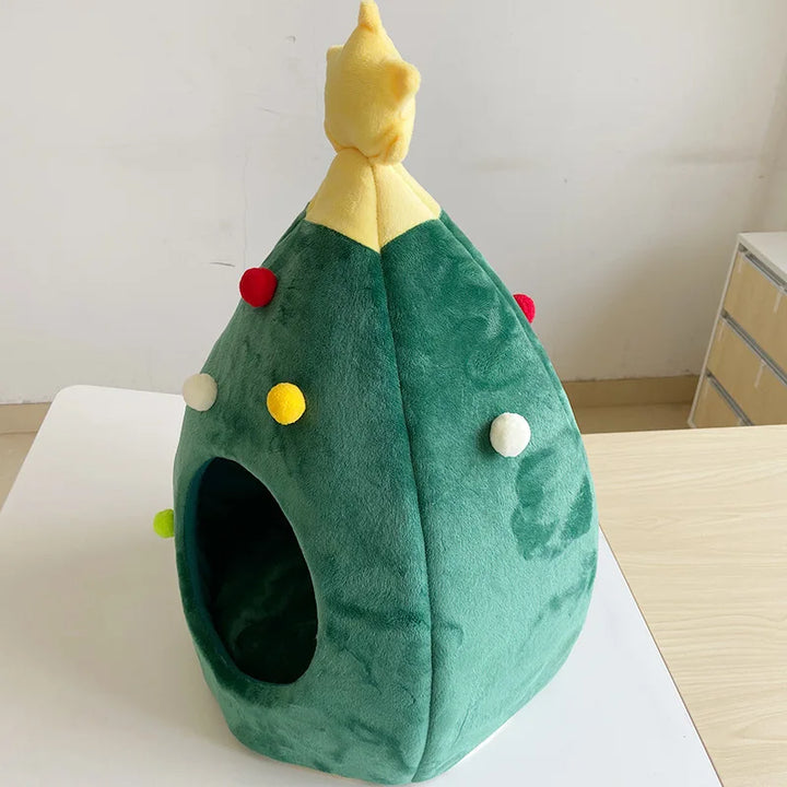 Christmas tree cat bed with cozy hideaway design