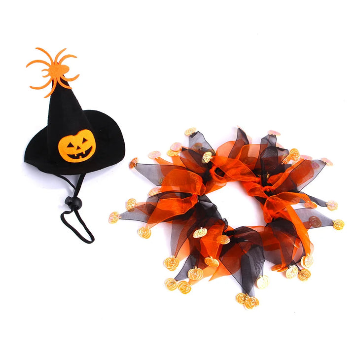 Cute pumpkin cat costume with hat and bandana for pets