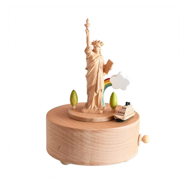 Wooden Music Box with Statue of Liberty design and wind-up feature