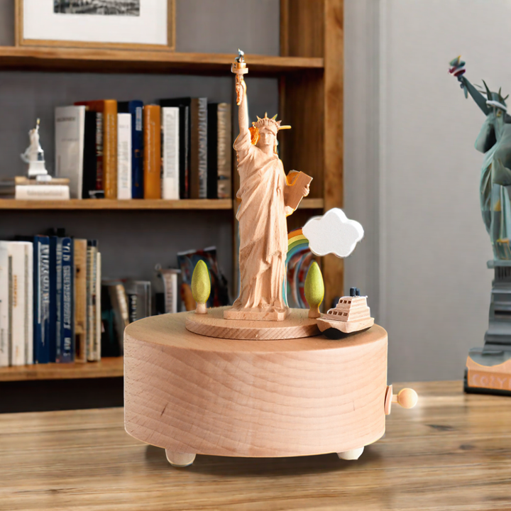 Wooden Music Box with Statue of Liberty design and wind-up feature