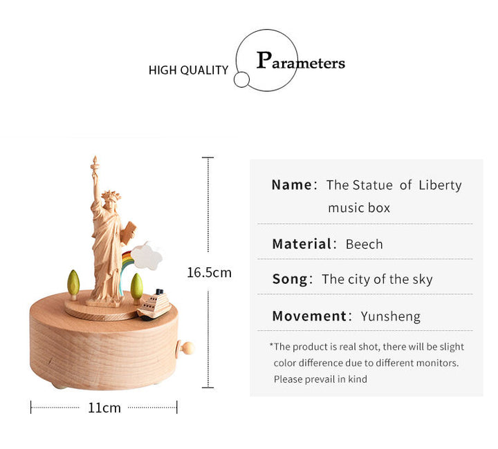 Wooden Music Box with Statue of Liberty design and wind-up feature