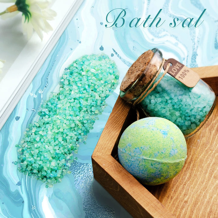 Wellness Kit with scented candle, bath bomb, and bath salts