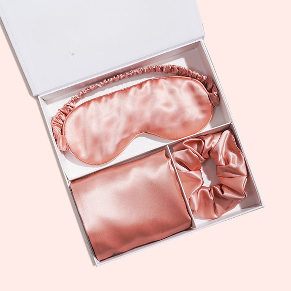 Silk pillowcase gift set with eye mask and silk scrunchies
