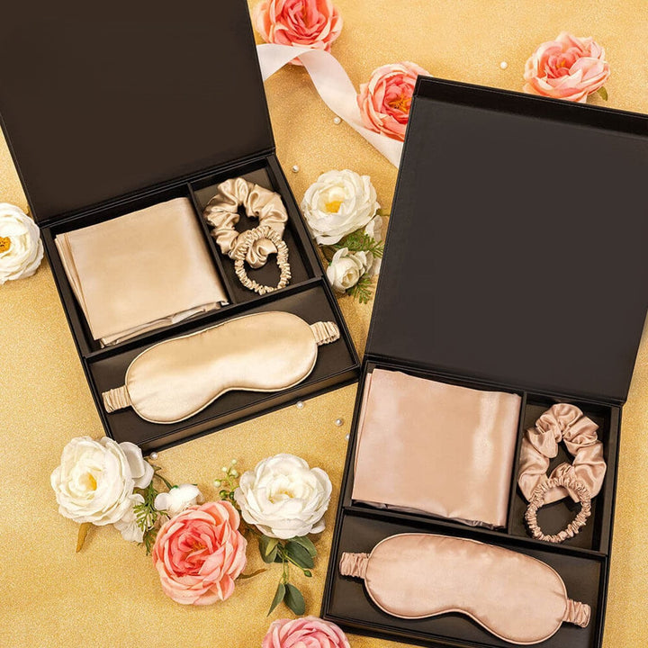 Silk pillowcase gift set with eye mask and silk scrunchies