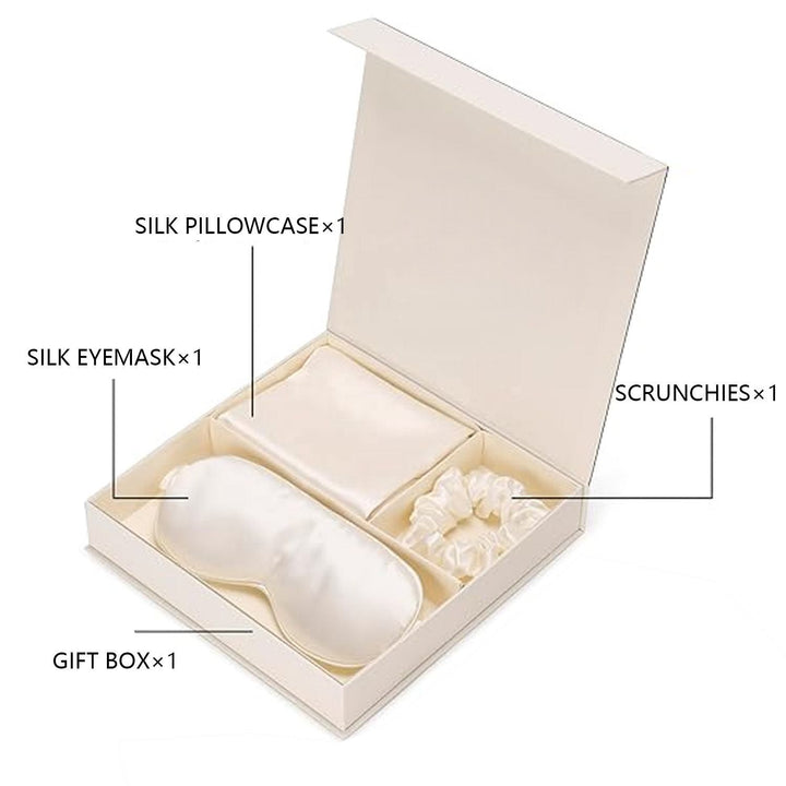 Silk pillowcase gift set with eye mask and silk scrunchies