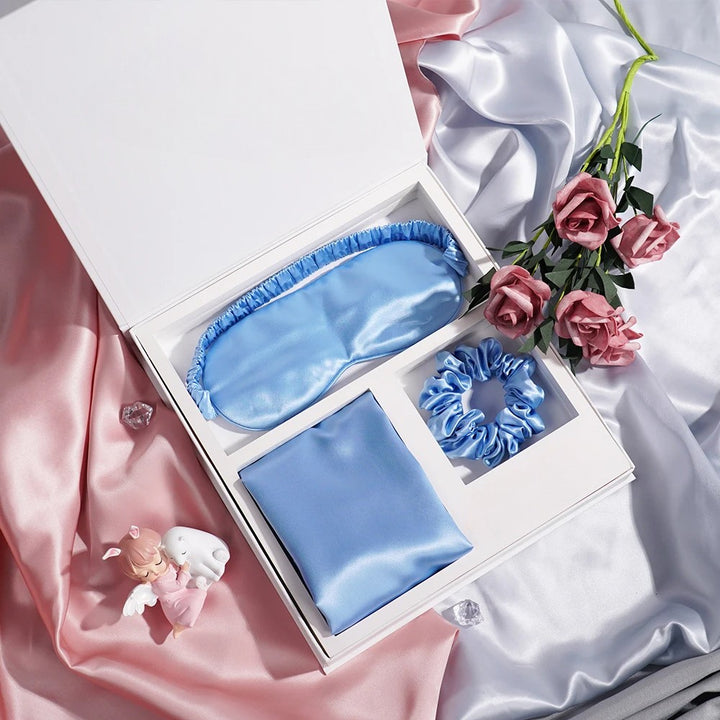 Silk pillowcase gift set with eye mask and silk scrunchies