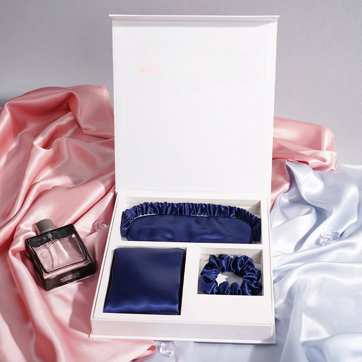 Silk pillowcase gift set with eye mask and silk scrunchies