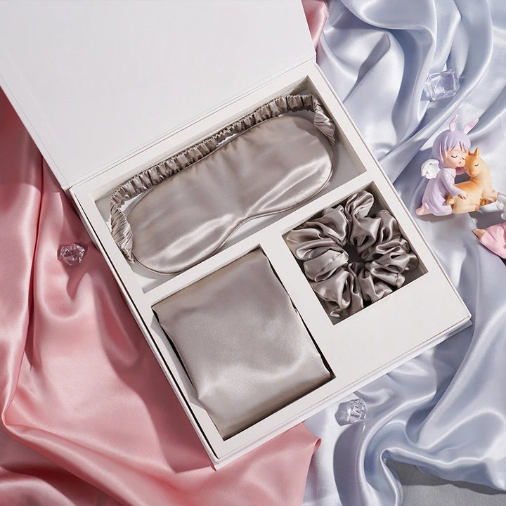 Silk pillowcase gift set with eye mask and silk scrunchies