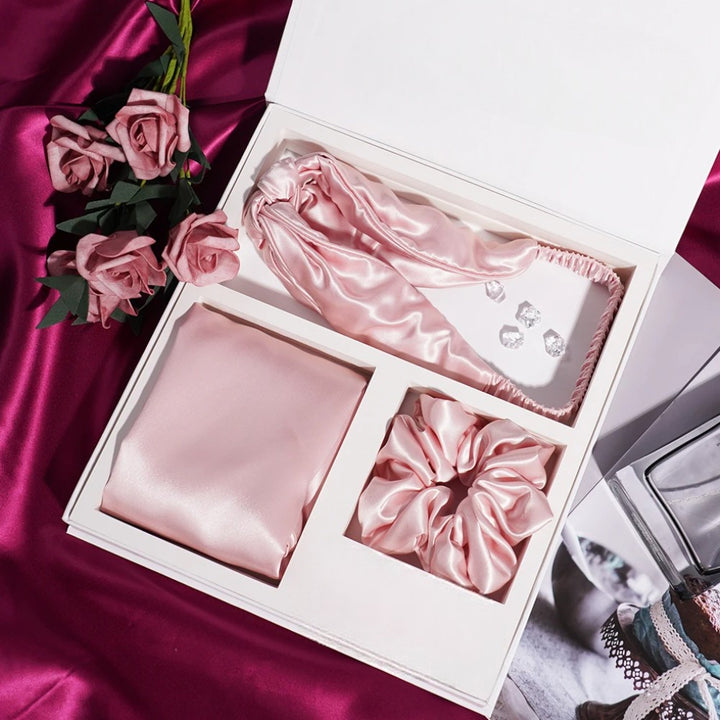 Silk pillowcase gift set with eye mask and silk scrunchies