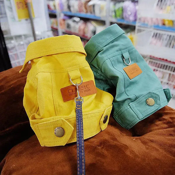 Denim dog coats in vibrant yellow and green for stylish pets