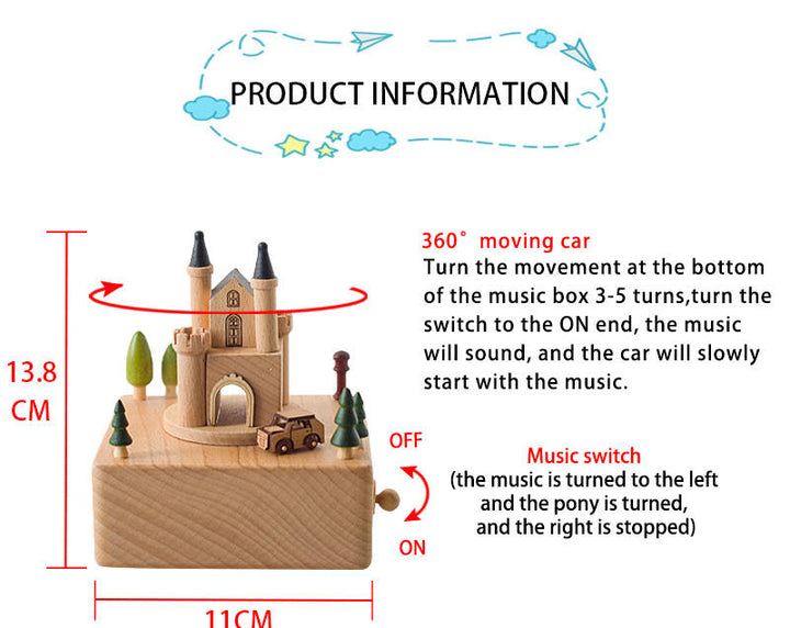 Lavender shop Wooden Castle Car Music Box
Castle car melody music box
Playful wooden castle car music box
Scenic castle car music box for decor