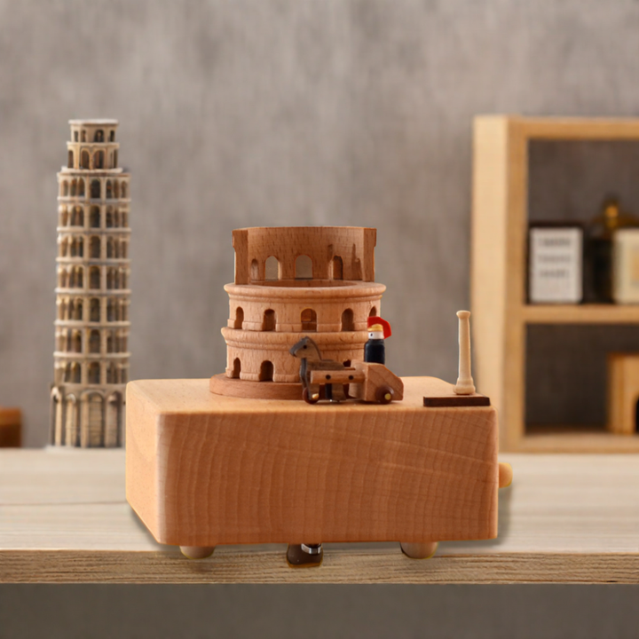 Lavender shop Wooden Colosseum Music
Wooden music box with Colosseum design
Colosseum replica music box
Vintage wooden Colosseum music box